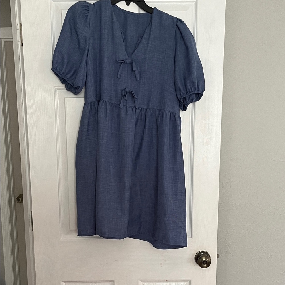 Blue Short Sleeve Tie-Front Mini Dress